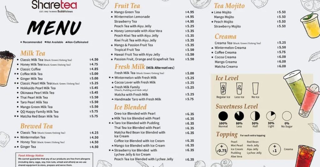 Sharetea’s Complete Menu Image